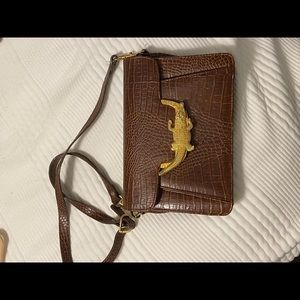 Brown Faux Croc Purse with Gold Croc Decal
